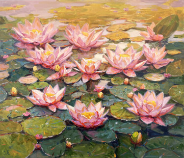 Schilderij getiteld ""Water Lily Pond"" door Evgeny Chernyakovsky, Origineel Kunstwerk, Olie Gemonteerd op Frame voor houten…