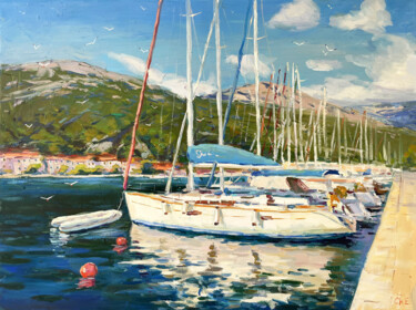 Painting titled "Yacht at the pier" by Evgeny Chernyakovsky, Original Artwork, Oil Mounted on Wood Stretcher frame