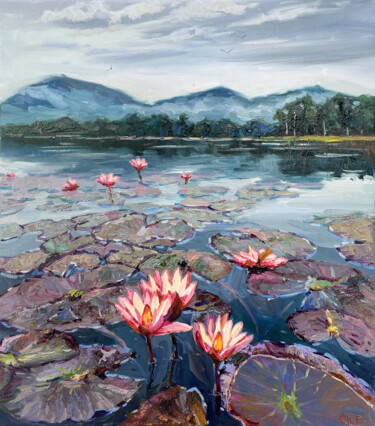 Painting titled "Lake with lilies" by Evgeny Chernyakovsky, Original Artwork, Oil Mounted on Wood Stretcher frame