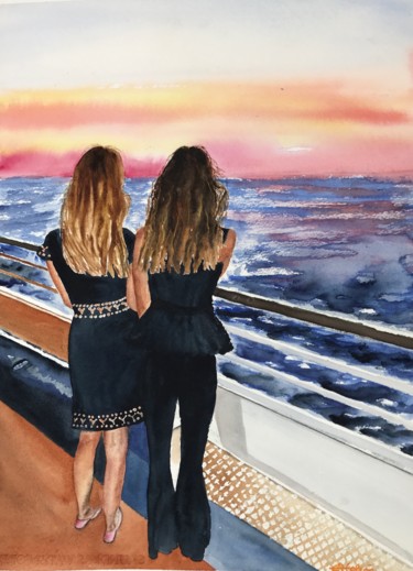 Painting titled "Two sisters" by Ewa Helzen, Original Artwork, Watercolor