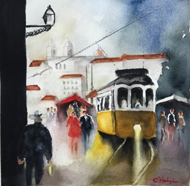 Painting titled "Tram" by Ewa Helzen, Original Artwork, Watercolor