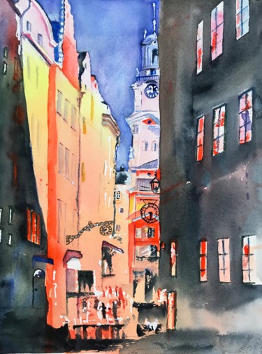 Peinture intitulée "old town of Stockho…" par Ewa Helzen, Œuvre d'art originale, Aquarelle