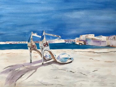 Painting titled "Silver shoes city w…" by Ewa Helzen, Original Artwork, Watercolor