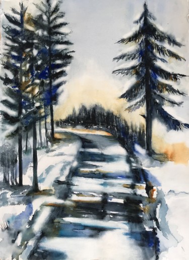 Painting titled "Winter road" by Ewa Helzen, Original Artwork, Watercolor