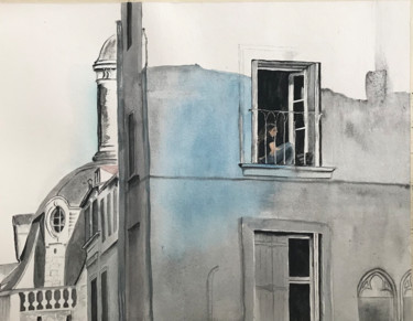 Painting titled "Girl in the window" by Ewa Helzen, Original Artwork, Watercolor