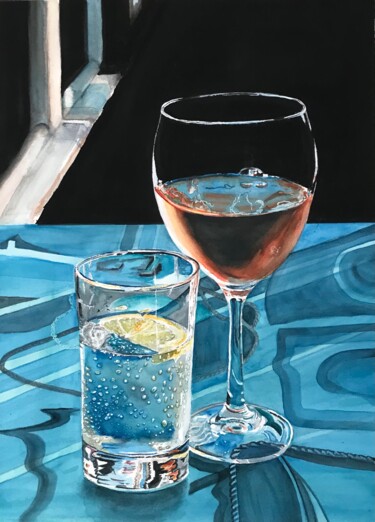 Ζωγραφική με τίτλο "Evening drink" από Ewa Helzen, Αυθεντικά έργα τέχνης, Ακουαρέλα
