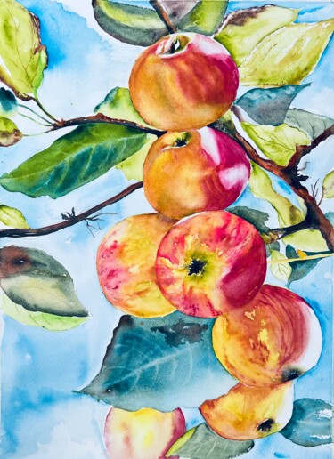 Painting titled "Red and yellow appl…" by Ewa Helzen, Original Artwork, Watercolor