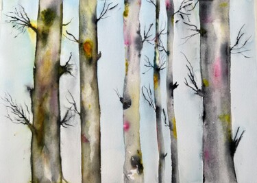 Painting titled "Birch trunks" by Ewa Helzen, Original Artwork, Watercolor