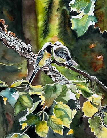 Malarstwo zatytułowany „Birds in forest” autorstwa Ewa Helzen, Oryginalna praca, Akwarela