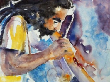 Pintura titulada "Street musician" por Ewa Helzen, Obra de arte original, Acuarela