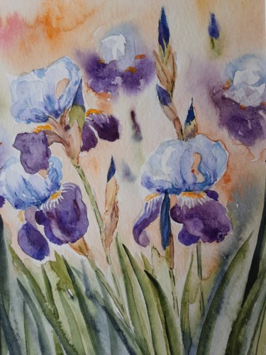 Malerei mit dem Titel "Printemps d'iris" von Ewa Rey, Original-Kunstwerk, Aquarell