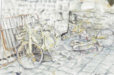 Painting titled "Vélos du canal st M…" by Françoise Perrotton, Original Artwork, Watercolor Mounted on artwork_cat.