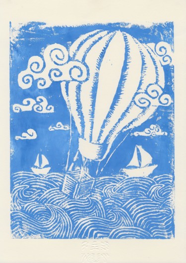 Impressões e gravuras intitulada "Hot Air Balloon" por Fab Nut, Obras de arte originais, Linoleogravura