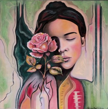 「Tribal Rose」というタイトルの絵画 Fabiana Creccoによって, オリジナルのアートワーク, オイル ウッドストレッチャーフレームにマウント