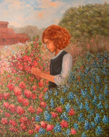 Painting titled "Niña entre las flor…" by Fabiana Iglesias, Original Artwork, Acrylic Mounted on Wood Stretcher frame