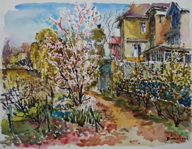 Painting titled "Bougival, les arbre…" by Vincent Dumolard, Original Artwork, Watercolor