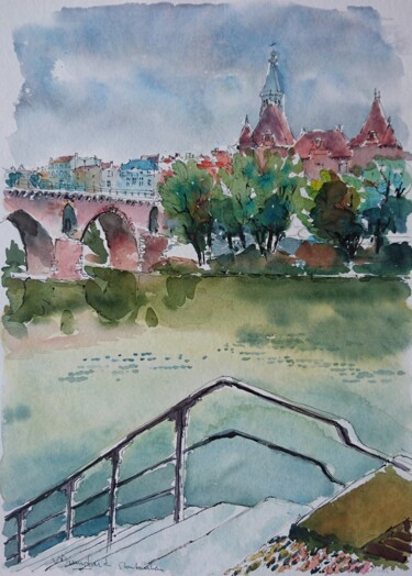 Pintura intitulada "Montauban, le Pont…" por Vincent Dumolard, Obras de arte originais, Aquarela
