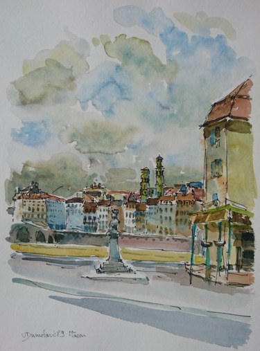 Schilderij getiteld "Mâcon, Place de la…" door Vincent Dumolard, Origineel Kunstwerk, Aquarel