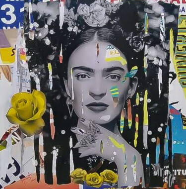 Collagen mit dem Titel "Frida Kalho" von Fabrice Hubert, Original-Kunstwerk, Collagen