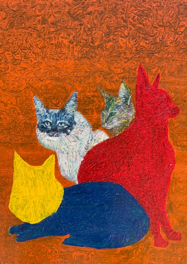 Painting titled "FOUR CATS (2.2016)" by Lautir, Original Artwork, Oil