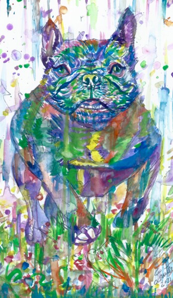 Painting titled "FRENCH BULLDOG RUNN…" by Lautir, Original Artwork, Watercolor