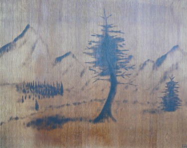 Desenho intitulada "paysage de montagne" por Fabien Bochard, Obras de arte originais, Madeira Montado em Painel de madeira