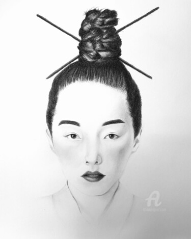 Dibujo titulada "Japonisme 3" por Marie Bourgeois (Fabulousartsgallery), Obra de arte original, Carbón