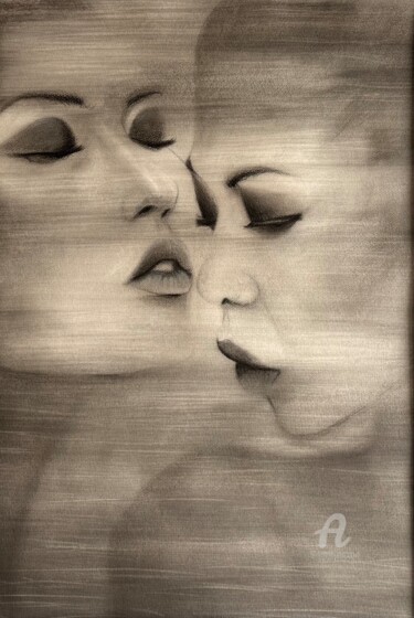 Drawing titled "SEMBLANTES" by Marie Bourgeois (Fabulousartsgallery), Original Artwork, Charcoal Mounted on Wood Panel