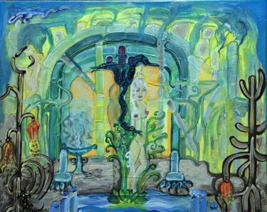 Malerei mit dem Titel "Der Sonnentempel" von Annemarie Stelzer, Original-Kunstwerk, Tempera
