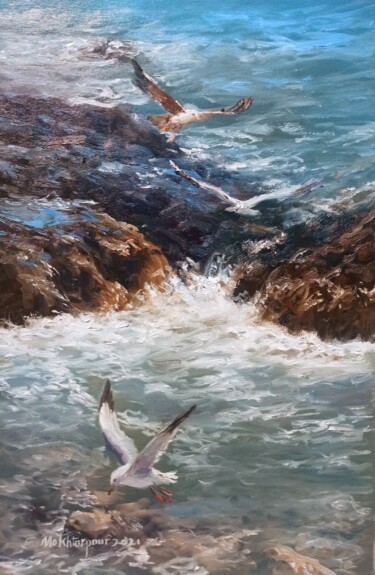 Pintura intitulada "The Seabirds" por Faramarz Mokhtarpour, Obras de arte originais, Óleo