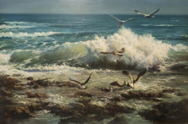 Pintura intitulada "Seabirds On The Bea…" por Faramarz Mokhtarpour, Obras de arte originais, Óleo
