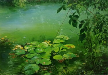 Pittura intitolato "Green Waterlilys" da Faramarz Mokhtarpour, Opera d'arte originale, Olio
