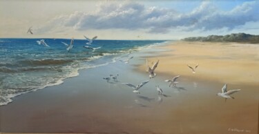 Pintura intitulada "Seabirds Playing On…" por Faramarz Mokhtarpour, Obras de arte originais, Óleo