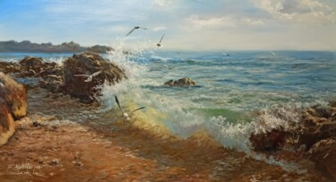 Pintura intitulada "Playing of Seabirds…" por Faramarz Mokhtarpour, Obras de arte originais, Óleo