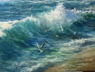 Pintura intitulada "Waves And Seabirds" por Faramarz Mokhtarpour, Obras de arte originais, Óleo