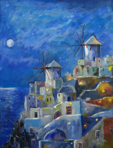 Peinture intitulée "Blue Sentorini Nigh…" par Faruk Köksal, Œuvre d'art originale, Acrylique