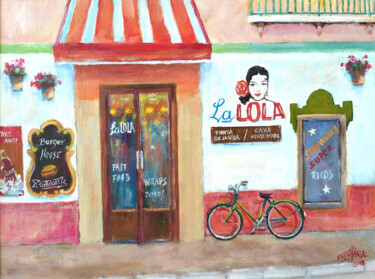Painting titled "La Lola Cafeteria" by Faruk Köksal, Original Artwork, Acrylic Mounted on Wood Stretcher frame