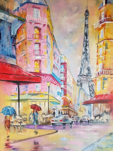 Painting titled "Rue de Paris" by Faver, Original Artwork, Acrylic Mounted on Wood Stretcher frame