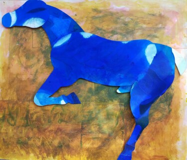 Collagen mit dem Titel "Blue horse" von Federico Womb, Original-Kunstwerk, Acryl
