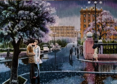 Schilderij getiteld "Сиреневый дождь" door Anatoly Fedorov, Origineel Kunstwerk, Olie Gemonteerd op Andere stijve panelen