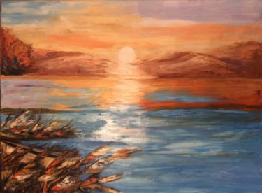 Painting titled "COUCHER DE SOLEIL" by Felicia Butel, Original Artwork, Oil Mounted on Wood Stretcher frame