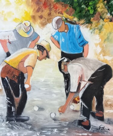 Painting titled "Concours de pétanque" by Felicia Butel, Original Artwork, Oil