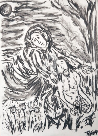 Dessin intitulée "Pietà otro JB Mamá" par Fernando Rubio, Œuvre d'art originale, Fusain