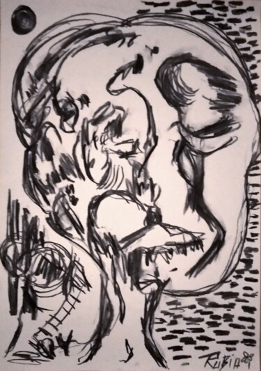 Tekening getiteld "Fetal pensamiento" door Fernando Rubio, Origineel Kunstwerk, Houtskool