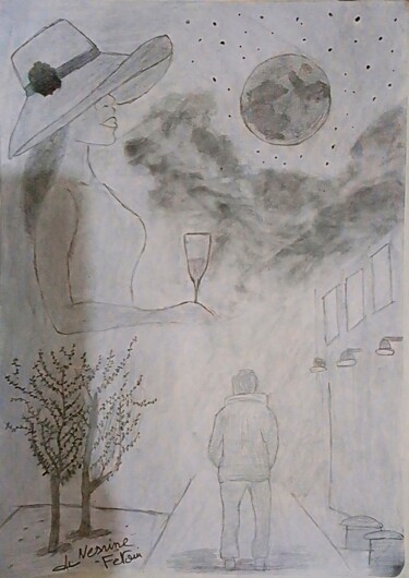 Dessin intitulée "Moon story" par Nesrine Fetoui, Œuvre d'art originale, Crayon