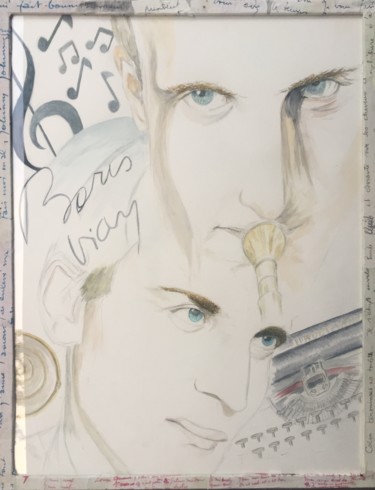 Schilderij getiteld "Boris Vian original" door Gilles David, Origineel Kunstwerk, Aquarel Gemonteerd op Houten paneel
