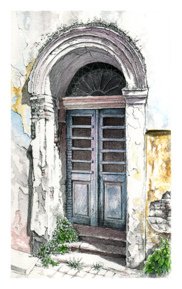 Painting titled "an old door in Ayva…" by Fikret Özcan, Original Artwork, Watercolor