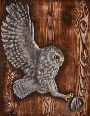 Drawing titled "The owl and the wat…" by Fikret Şen, Original Artwork, Acrylic