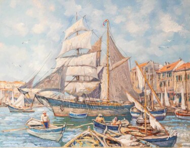 Ζωγραφική με τίτλο "Boats and a ship in…" από Filip Petrovic, Αυθεντικά έργα τέχνης, Λάδι