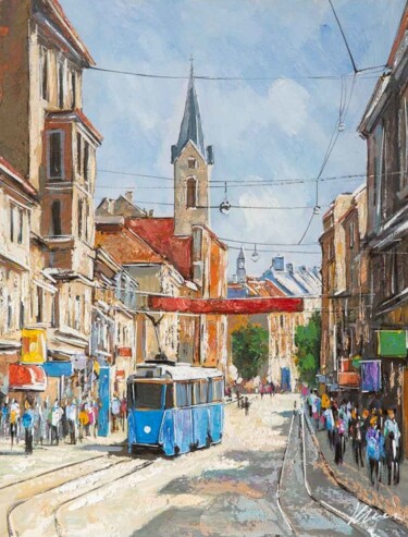 Painting titled "Zagreb tram, acryli…" by Filip Petrovic, Original Artwork, Acrylic